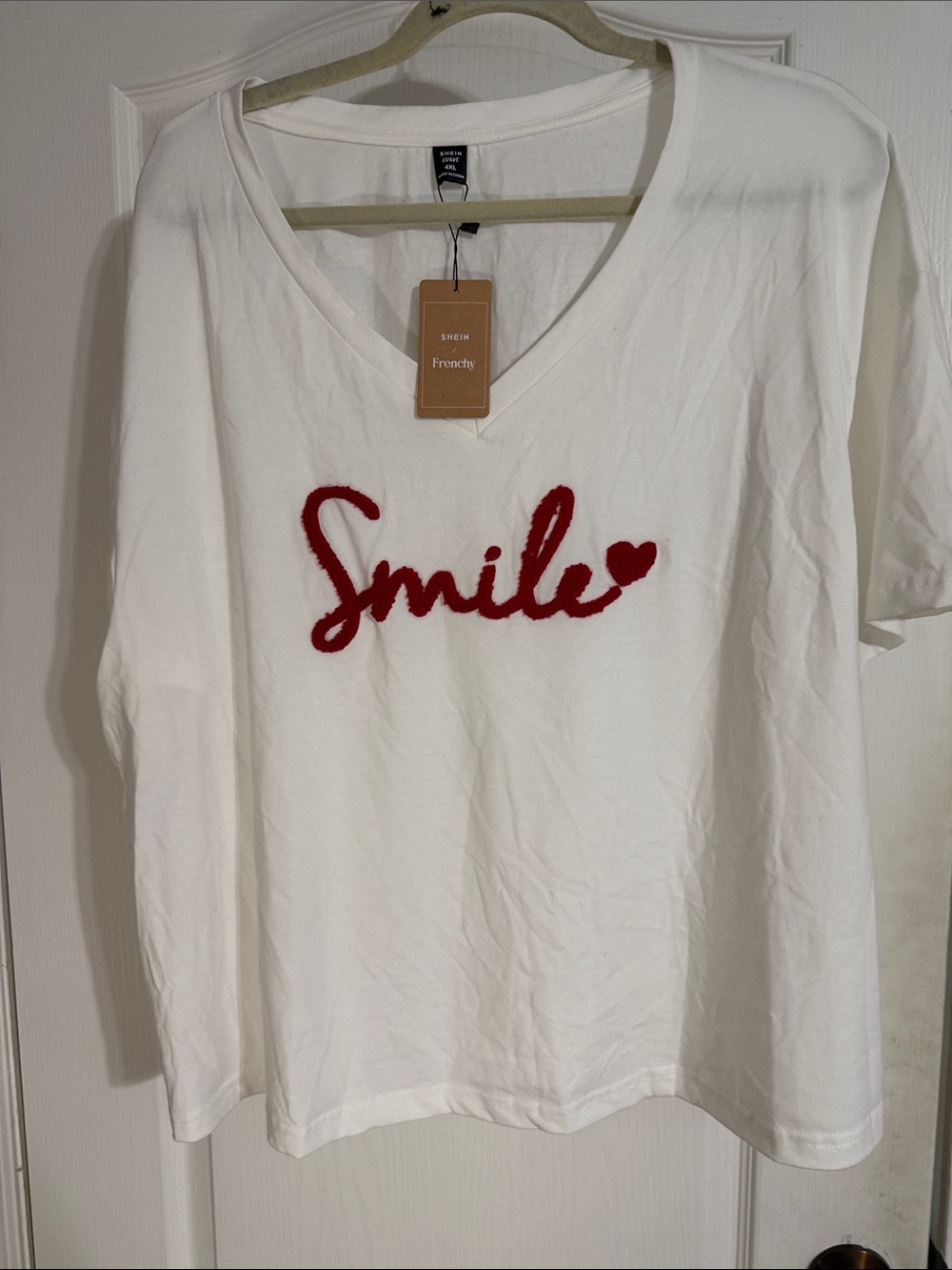 SHEIN White V-Neck Tee with Red 'Smile' Script